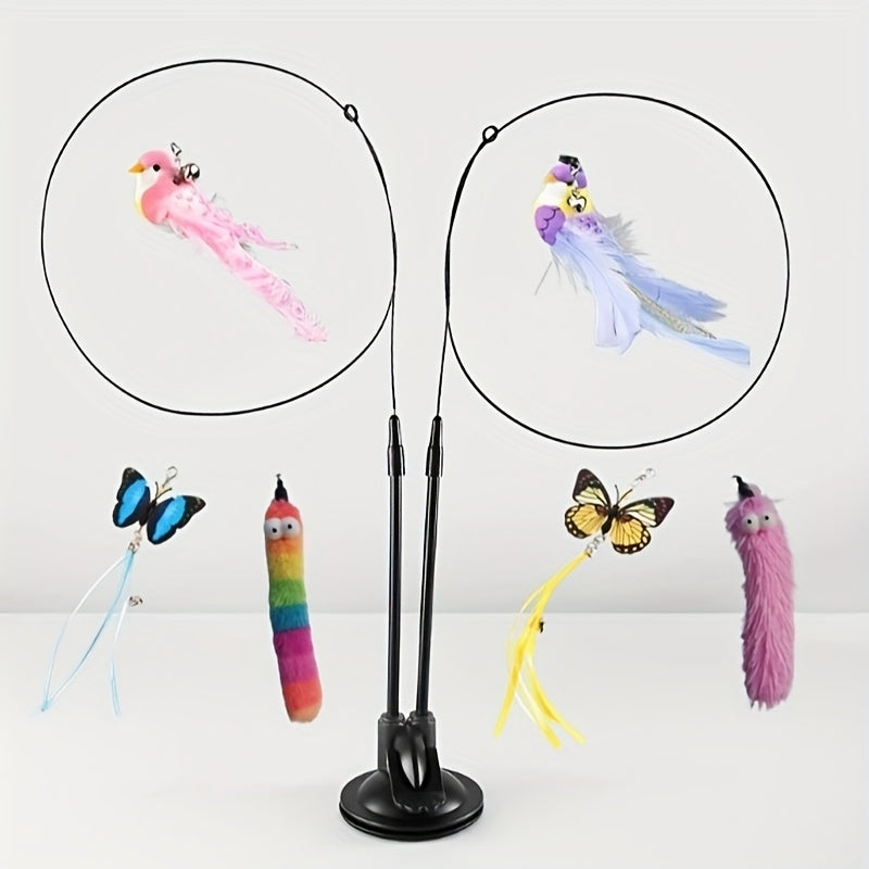 7-Piece Cat Feather Teaser Toy Set - Double Rod, Suction Cup & Bell, No Battery Needed