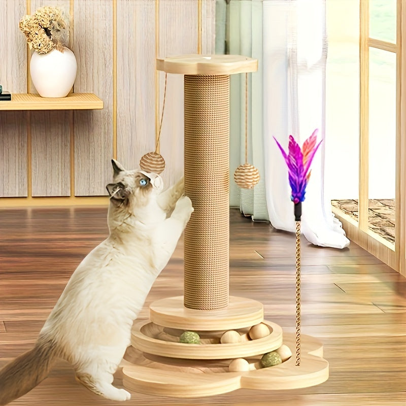 4-in-1 Cat Scratching Post Tower - Sisal & Solid Wood with Balls, Feather Toy & Ball Track