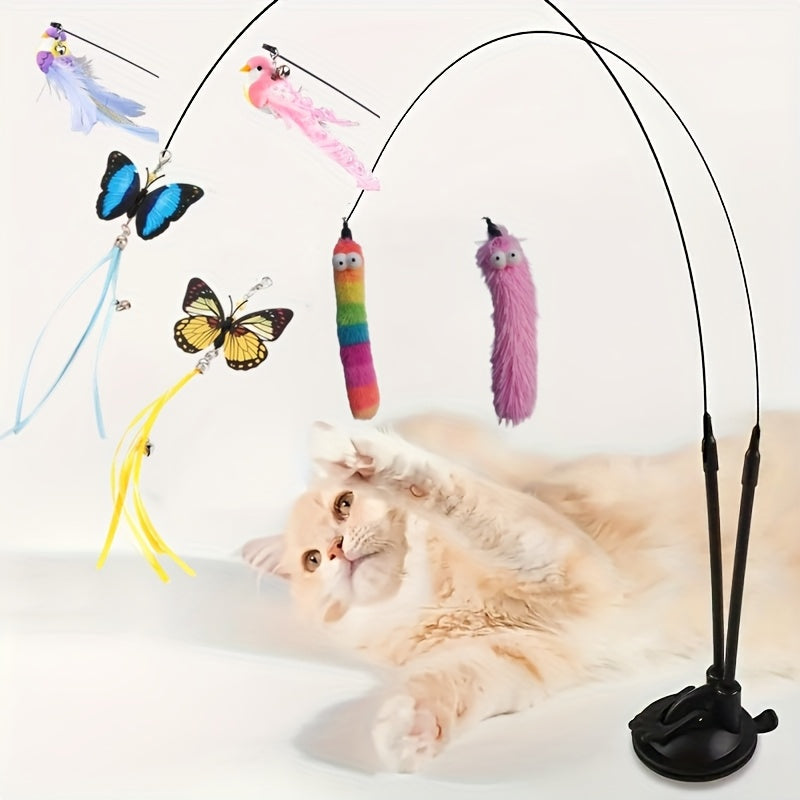 7-Piece Cat Feather Teaser Toy Set - Double Rod, Suction Cup & Bell, No Battery Needed