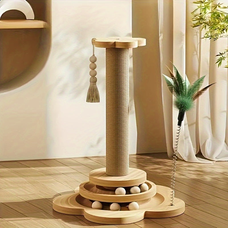 4-in-1 Cat Scratching Post Tower - Sisal & Solid Wood with Balls, Feather Toy & Ball Track
