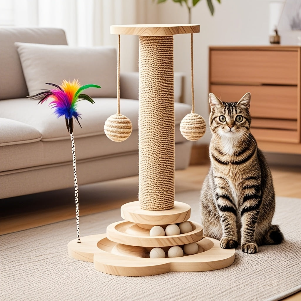 4-in-1 Cat Scratching Post Tower - Sisal & Solid Wood with Balls, Feather Toy & Ball Track