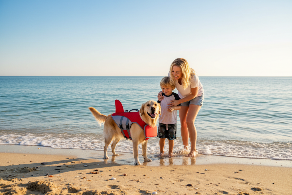 Red shark life vest - dog with mother and child at beach