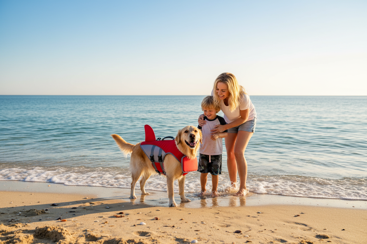 Red shark life vest - dog with mother and child at beach
