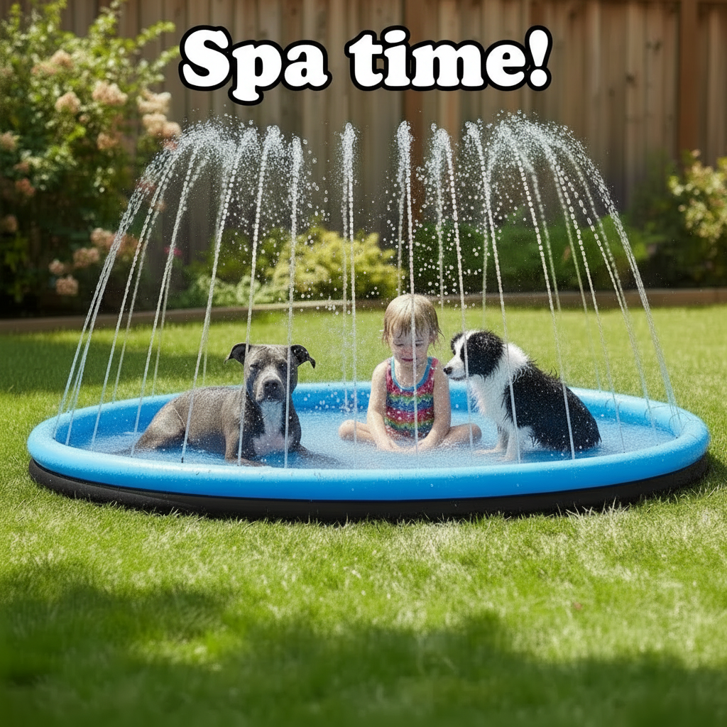 Spa time! - Dogs and child playing in splash pad pool on grass