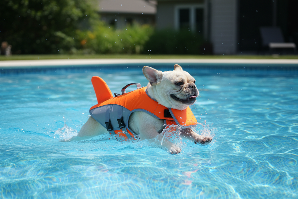 Orange shark life vest - small dog swimming in pool