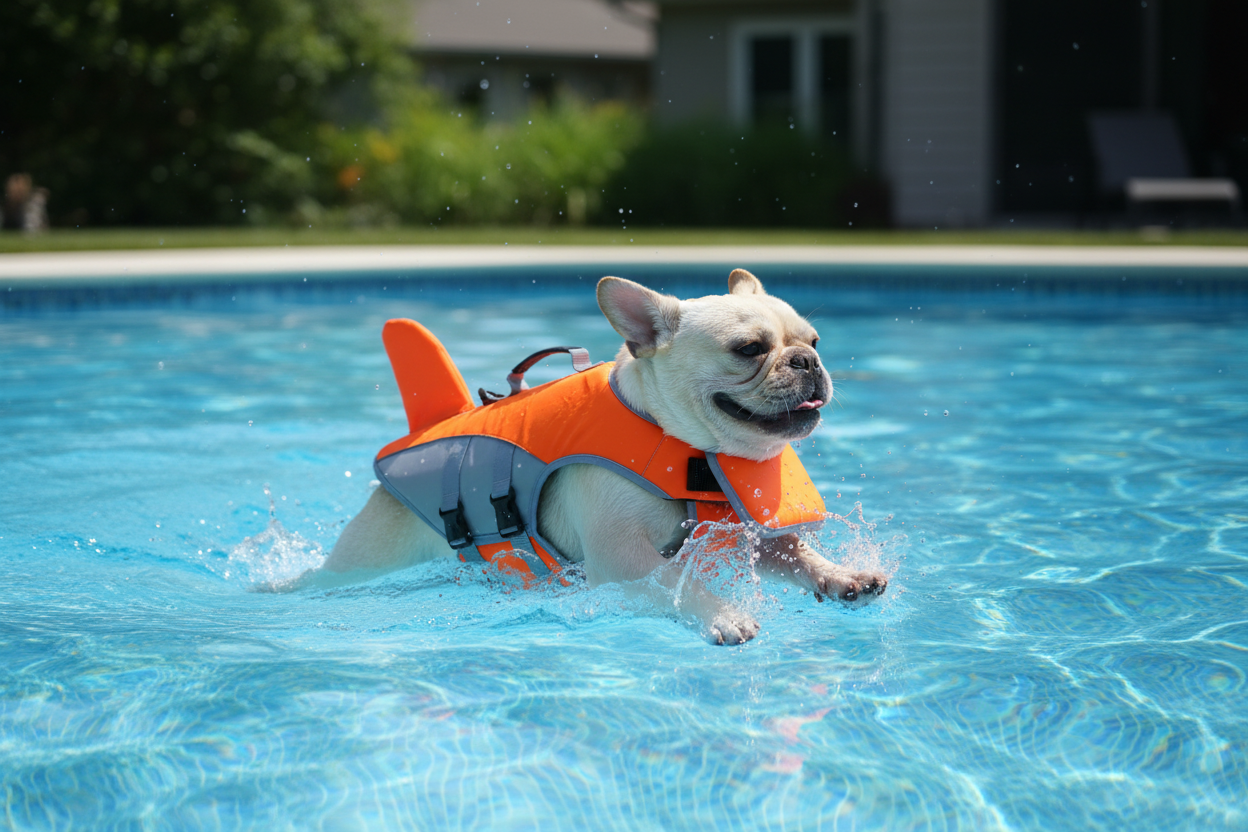 Orange shark life vest - small dog swimming in pool