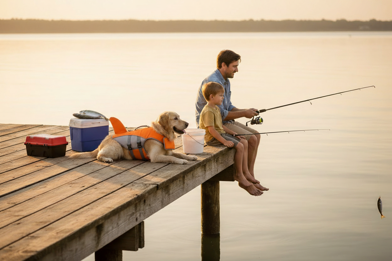 Orange shark life vest - dog with father and son fishing on pier